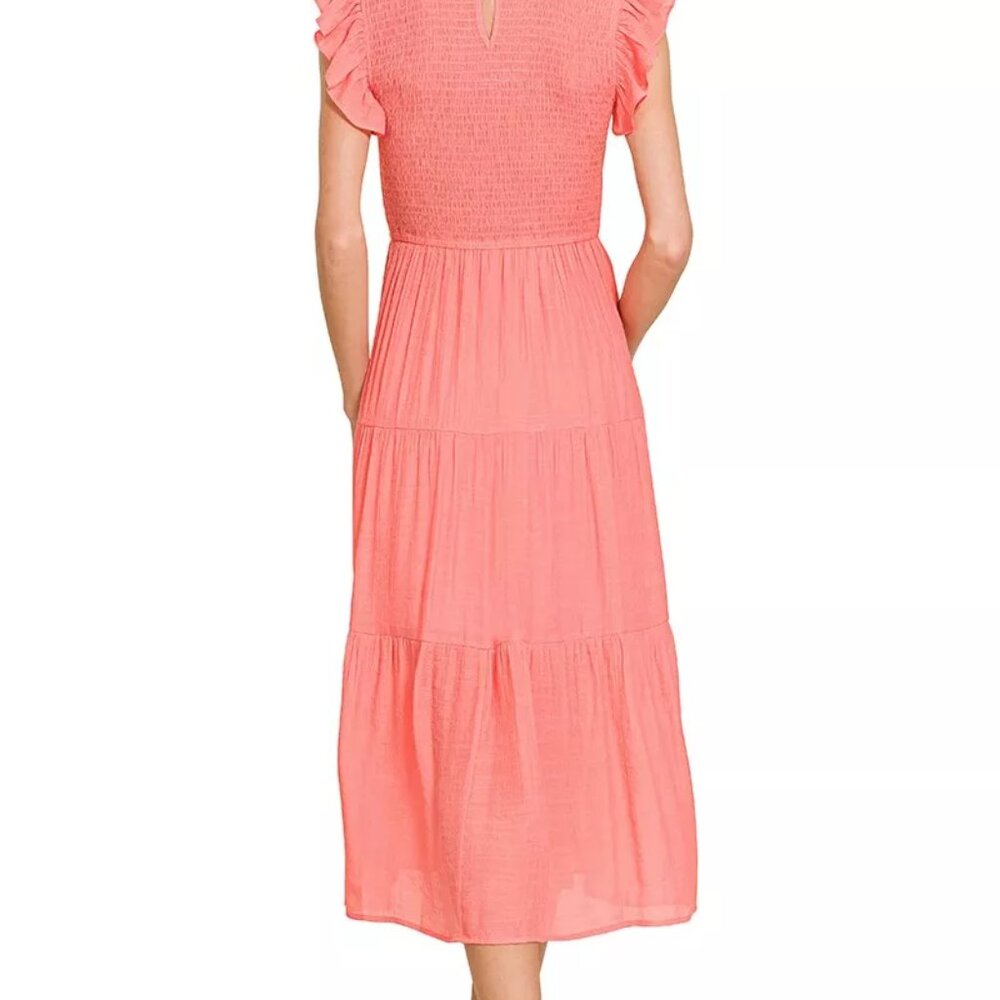 Zenana Woven Smocked Ruffle Sleeve Midi‎ Dress - Picture 3 of 3